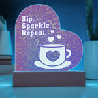 Add sparkle to your coffee bar with this heart-shaped LED acrylic plaque! A bold gift for lovers besties or boutique