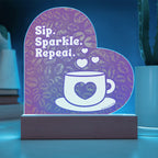 Add sparkle to your coffee bar with this heart-shaped LED acrylic plaque! A bold gift for lovers besties or boutique