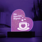 Add sparkle to your coffee bar with this heart-shaped LED acrylic plaque! A bold gift for lovers besties or boutique