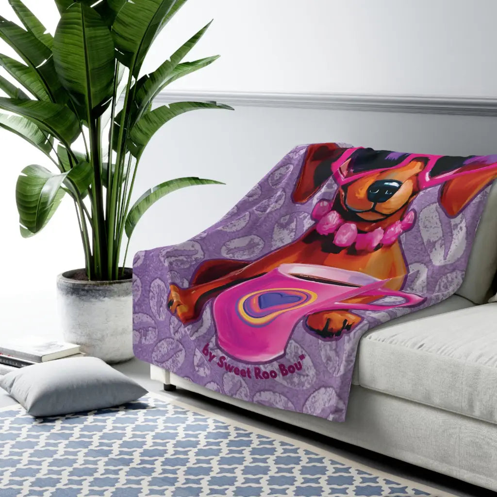 Ultra-soft sherpa fleece blanket featuring Roxy Roo art and plush warmth. Cozy coffee vibes boutique flair