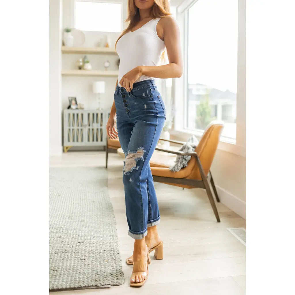 Show your style with these gorgeous Colt Distressed Boyfriend Judy Blue Jeans! Featuring a high rise button fly
