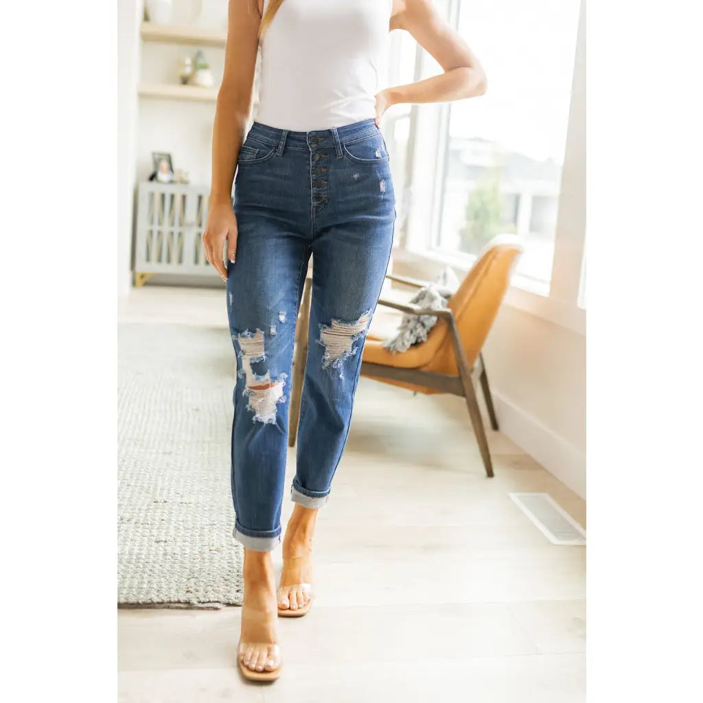 Show your style with these gorgeous Colt Distressed Boyfriend Judy Blue Jeans! Featuring a high rise button fly
