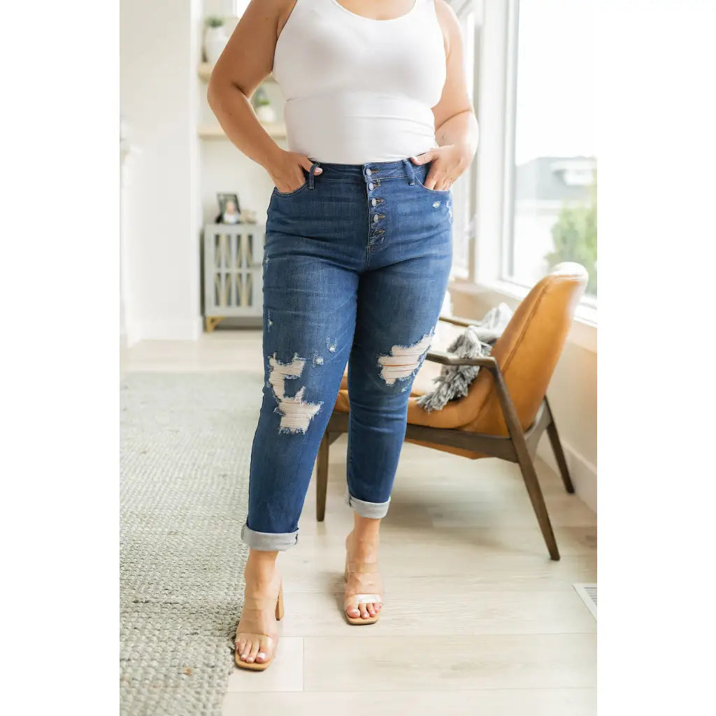 Show your style with these gorgeous Colt Distressed Boyfriend Judy Blue Jeans! Featuring a high rise button fly