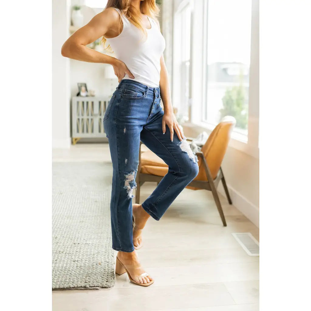 Show your style with these gorgeous Colt Distressed Boyfriend Judy Blue Jeans! Featuring a high rise button fly