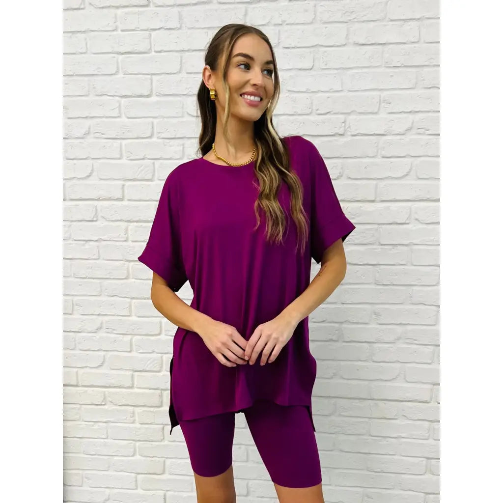 Stay comfy and stylish in the Comfy Cruising Biker Shorts Set Plum made from ultra soft brushed microfiber. A perfect