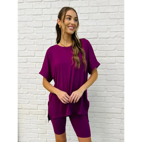 Comfy Cruising Top & Biker Shorts Set – Ultra Soft in Plum