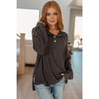 The Cozy All Over Henley Top in Cocoa is soft stylish and chic featuring a brushed ribbed knit mock neckline relaxed