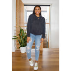 Our Cozy Does It Hoodie In Charcoal is so comfy! The coziness starts with a fuzzy medium weight knit that shapes slight
