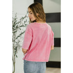 Soft pink crochet pocket tee with drop shoulder and stretch jersey comfort. Cozy cute plus size friendly for everyday