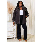 Our Cozy Girl Shacket in Charcoal features a unique tunic detail front and side pockets trendy long puff sleeves.