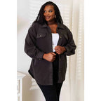 Our Cozy Girl Shacket in Charcoal features a unique tunic detail front and side pockets trendy long puff sleeves.
