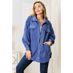 Our Cozy Girl Shacket in Dusty Blue features a unique tunic detail front and side pockets trendy long puff sleeves.