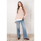 Our Cozy Oversized Contrast Trim Sweater in Mocha and White features a textured knit banded ribbed details on the round