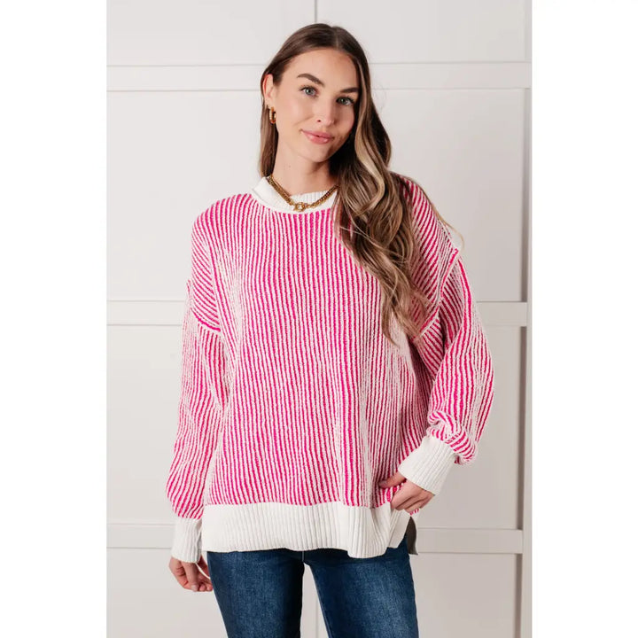 Cozy Oversized Contrast Trim Sweater in Pink - Tops