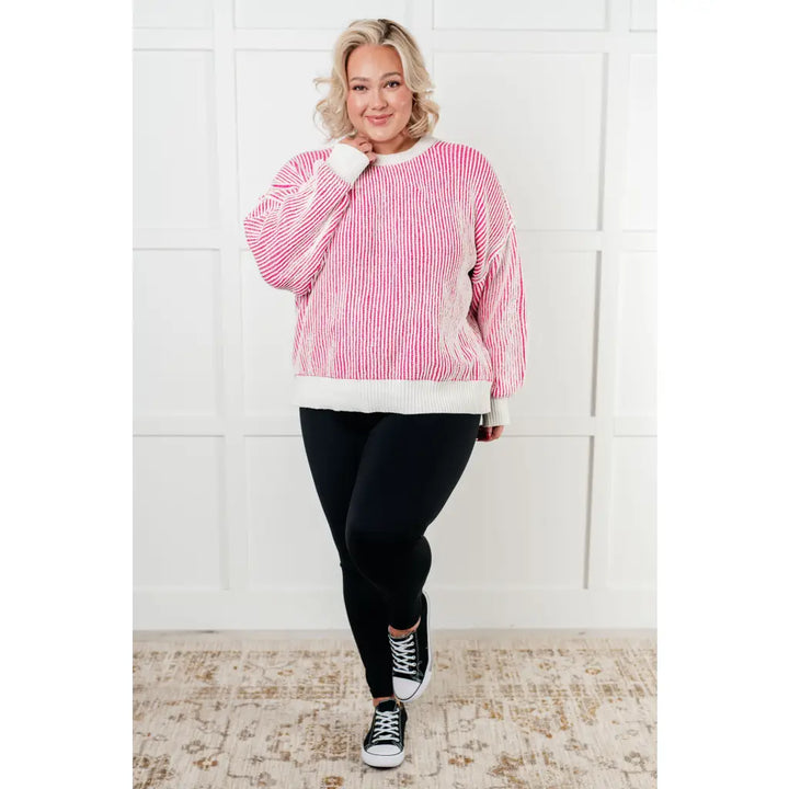 Cozy Oversized Contrast Trim Sweater in Pink - Tops