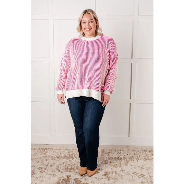 Cozy Oversized Contrast Trim Sweater in Pink - Tops