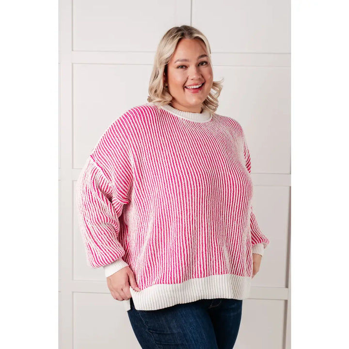 Cozy Oversized Contrast Trim Sweater in Pink - Tops