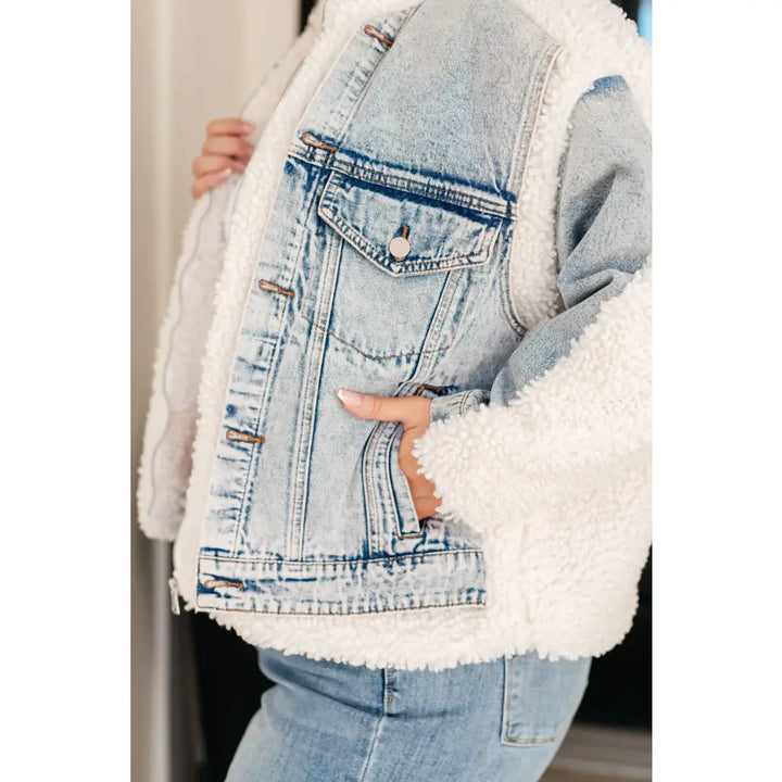 Cozy White Sherpa and Denim Jacket – Chic Warmth Meets
