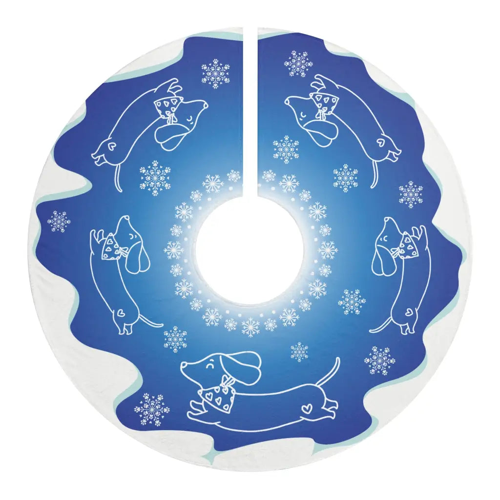 Exclusive Sweet Roo Bou™ mini doxie design on a blue fleece Christmas tree skirt. Cozy decor for dachshund lovers