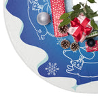 Exclusive Sweet Roo Bou™ mini doxie design on a blue fleece Christmas tree skirt. Cozy decor for dachshund lovers