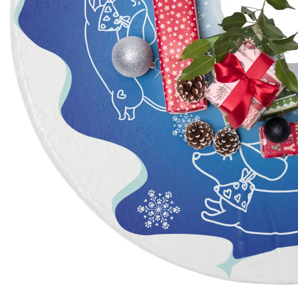 Exclusive Sweet Roo Bou™ mini doxie design on a blue fleece Christmas tree skirt. Cozy decor for dachshund lovers