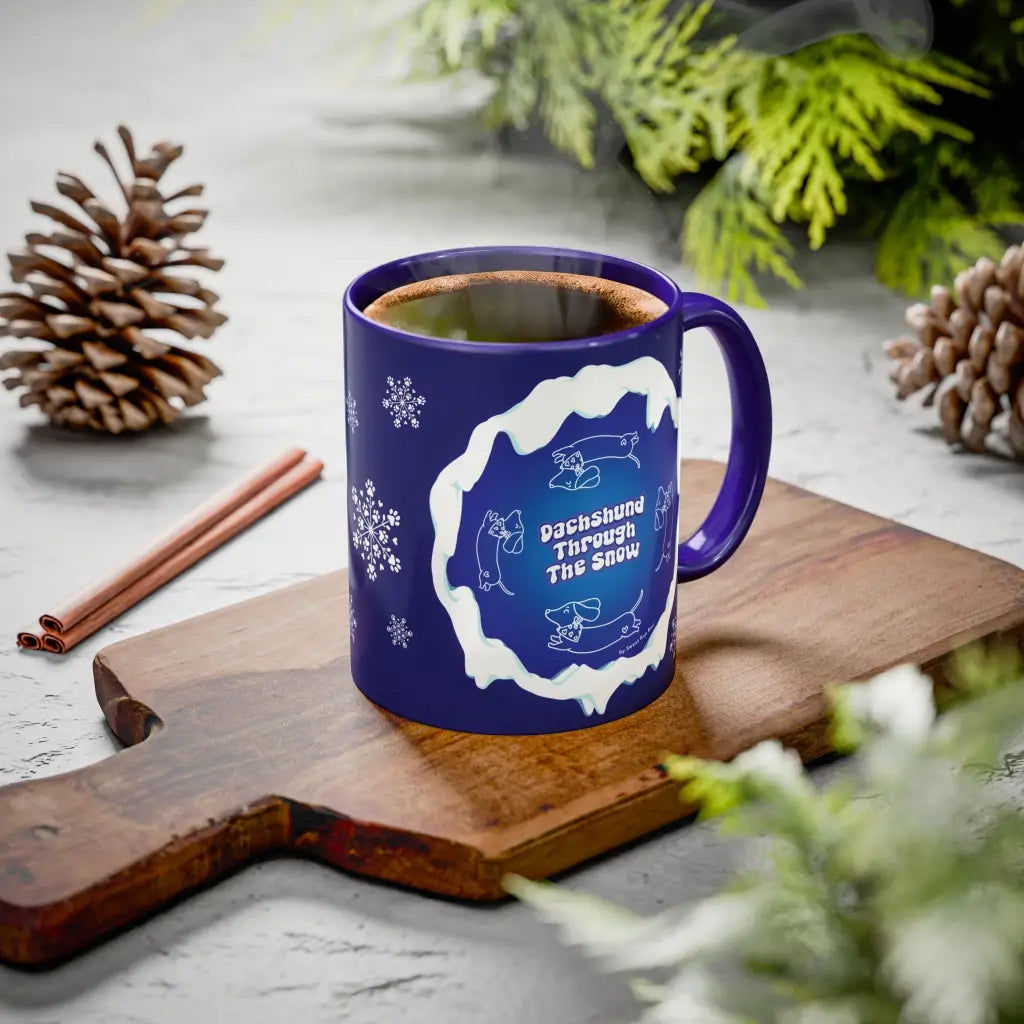 Sweet Roo Bou ceramic dachshund mug in 11 oz or 15 oz. Festive coffee with winter dog art three colors.