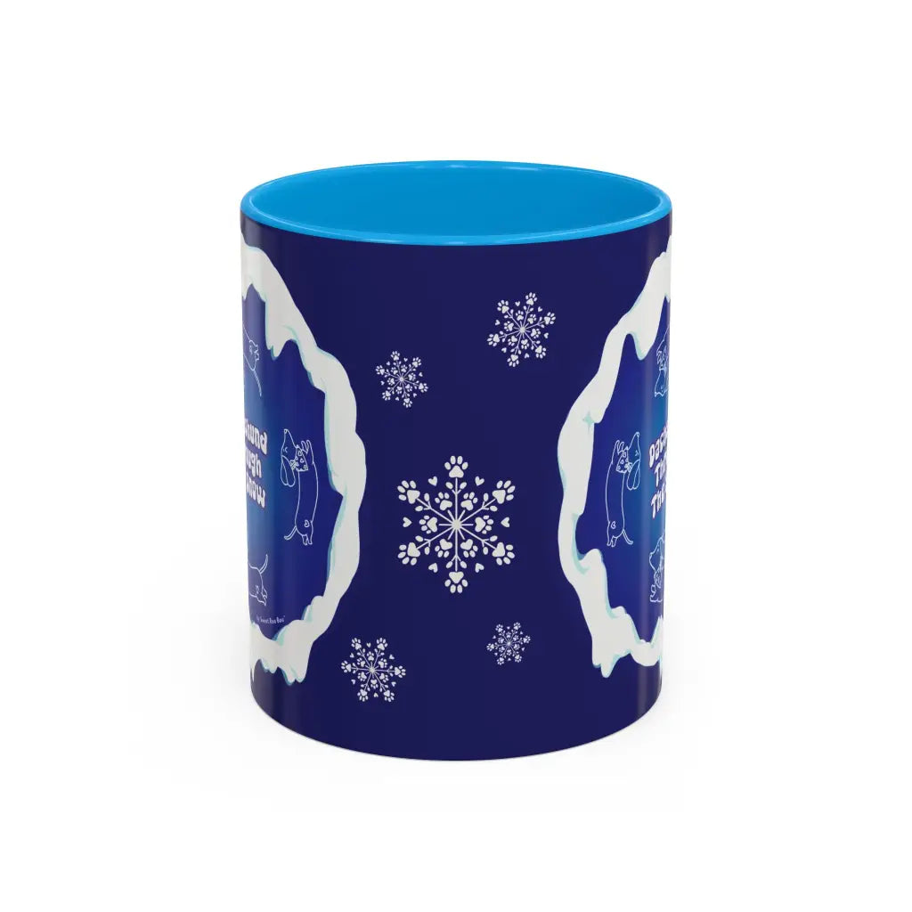 Sweet Roo Bou ceramic dachshund mug in 11 oz or 15 oz. Festive coffee with winter dog art three colors.