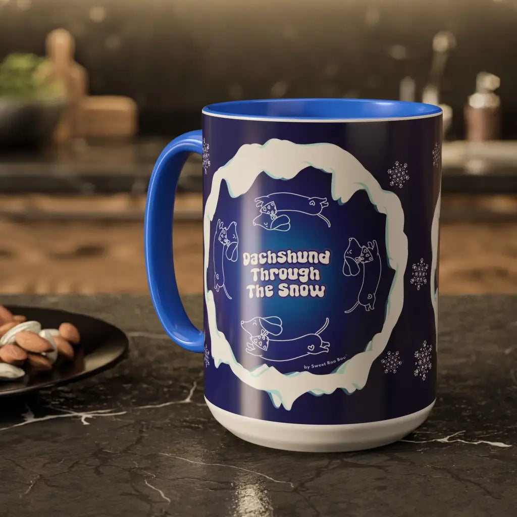 Sweet Roo Bou ceramic dachshund mug in 11 oz or 15 oz. Festive coffee with winter dog art three colors.