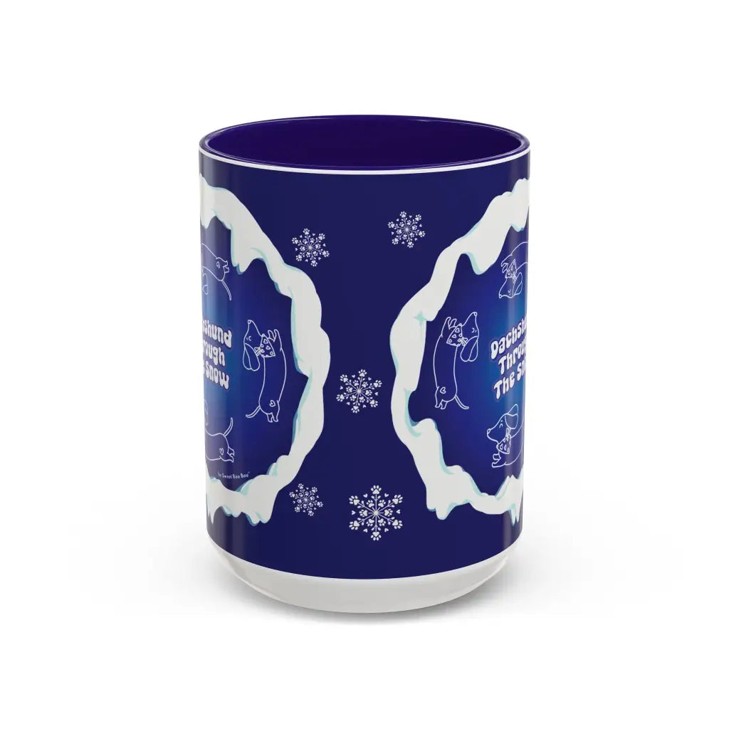 Sweet Roo Bou ceramic dachshund mug in 11 oz or 15 oz. Festive coffee with winter dog art three colors.