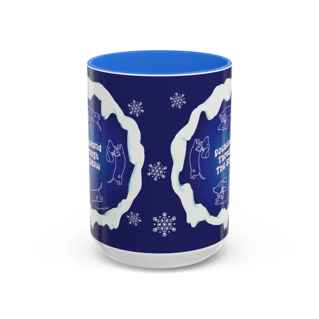 Sweet Roo Bou ceramic dachshund mug in 11 oz or 15 oz. Festive coffee with winter dog art three colors.