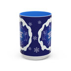 Sweet Roo Bou ceramic dachshund mug in 11 oz or 15 oz. Festive coffee with winter dog art three colors.