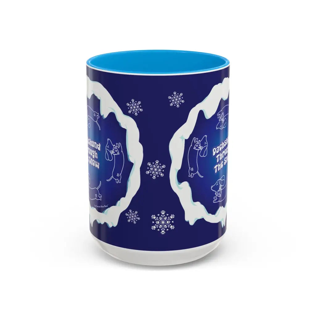 Sweet Roo Bou ceramic dachshund mug in 11 oz or 15 oz. Festive coffee with winter dog art three colors.