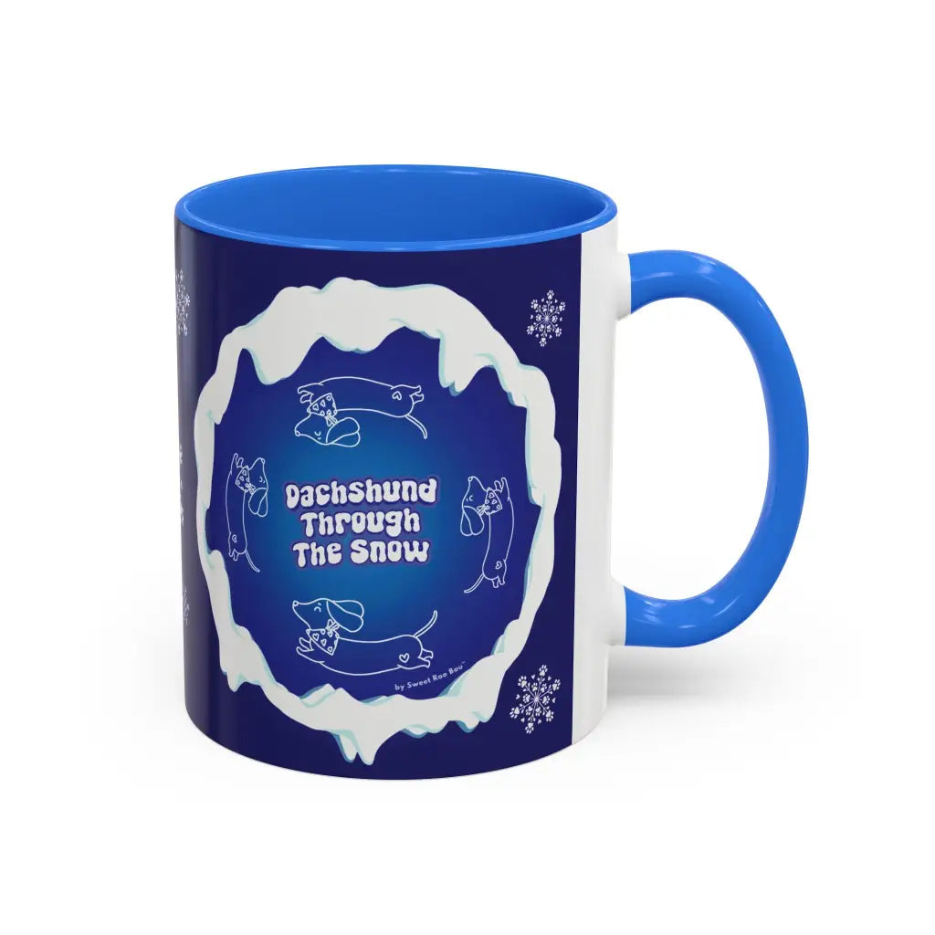 Sweet Roo Bou ceramic dachshund mug in 11 oz or 15 oz. Festive coffee with winter dog art three colors.