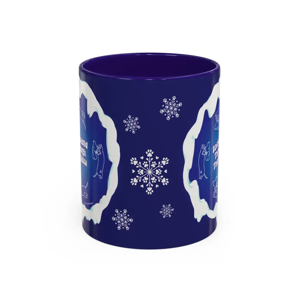 Sweet Roo Bou ceramic dachshund mug in 11 oz or 15 oz. Festive coffee with winter dog art three colors.