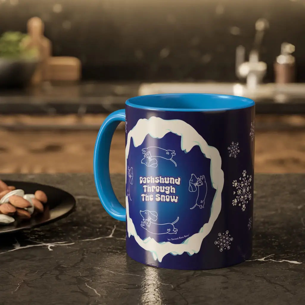 Sweet Roo Bou ceramic dachshund mug in 11 oz or 15 oz. Festive coffee with winter dog art three colors.