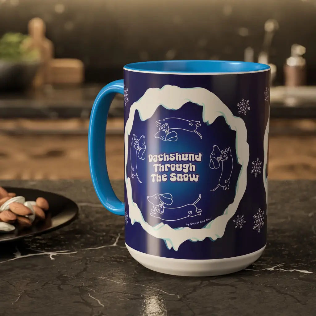 Sweet Roo Bou ceramic dachshund mug in 11 oz or 15 oz. Festive coffee with winter dog art three colors.