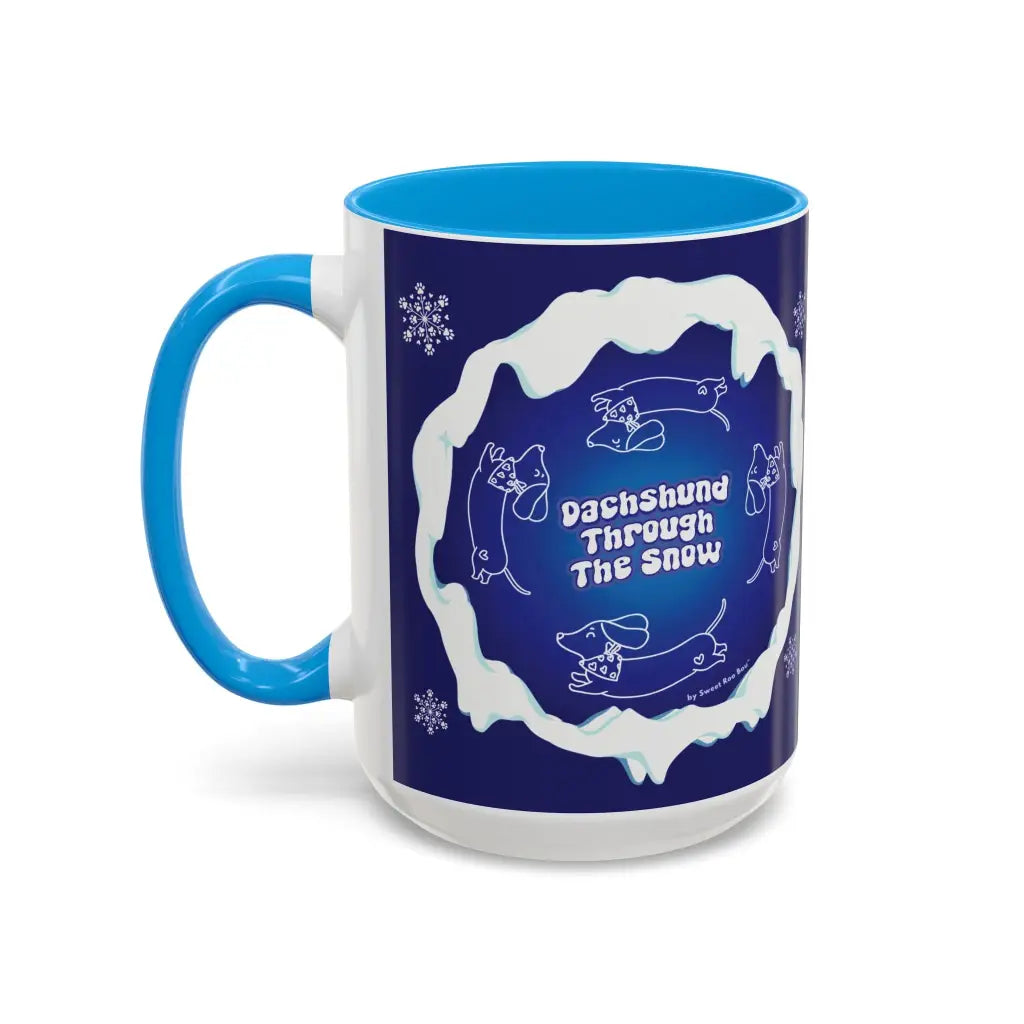 Sweet Roo Bou ceramic dachshund mug in 11 oz or 15 oz. Festive coffee with winter dog art three colors.