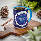 Sweet Roo Bou ceramic dachshund mug in 11 oz or 15 oz. Festive coffee with winter dog art three colors.