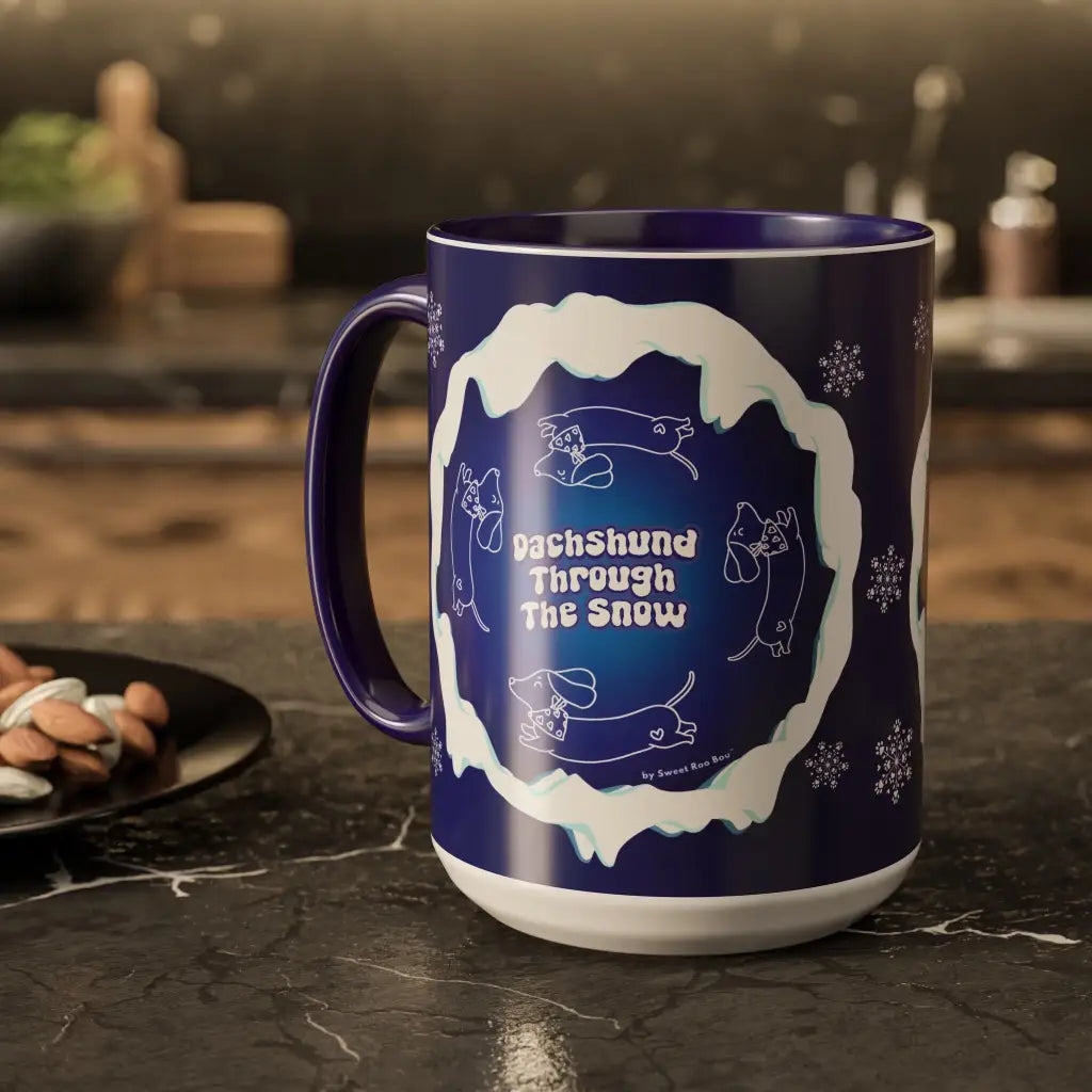 Sweet Roo Bou ceramic dachshund mug in 11 oz or 15 oz. Festive coffee with winter dog art three colors.