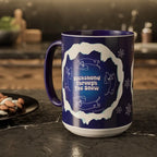 Sweet Roo Bou ceramic dachshund mug in 11 oz or 15 oz. Festive coffee with winter dog art three colors.