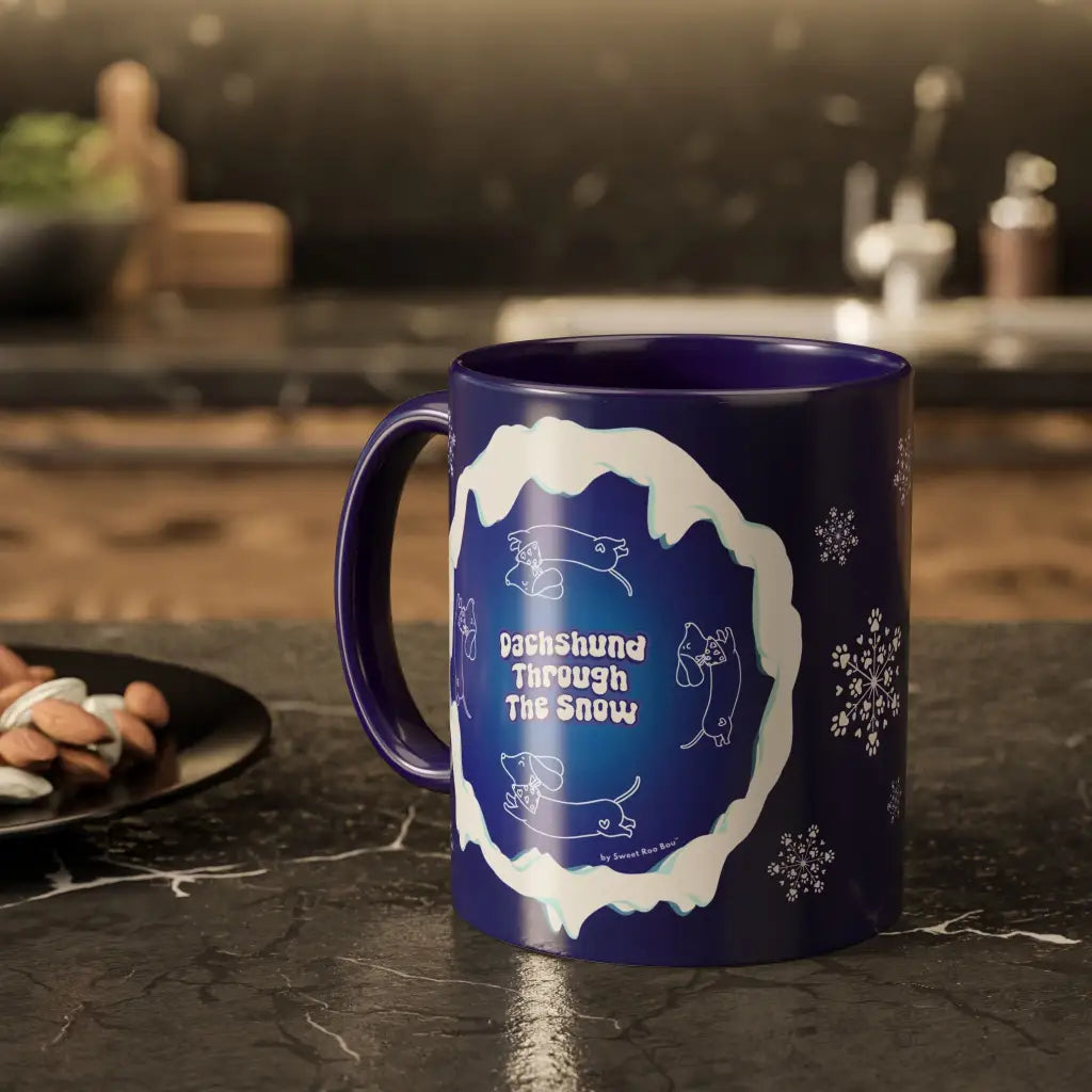 Sweet Roo Bou ceramic dachshund mug in 11 oz or 15 oz. Festive coffee with winter dog art three colors.
