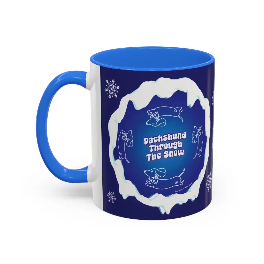 Sweet Roo Bou ceramic dachshund mug in 11 oz or 15 oz. Festive coffee with winter dog art three colors.