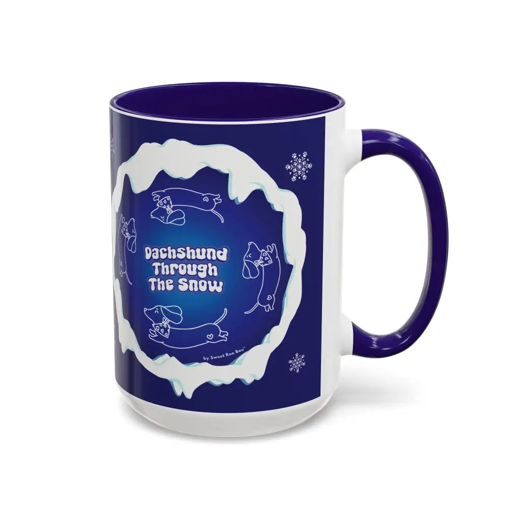 Sweet Roo Bou ceramic dachshund mug in 11 oz or 15 oz. Festive coffee with winter dog art three colors.