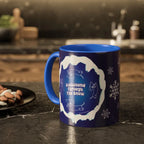 Sweet Roo Bou ceramic dachshund mug in 11 oz or 15 oz. Festive coffee with winter dog art three colors.