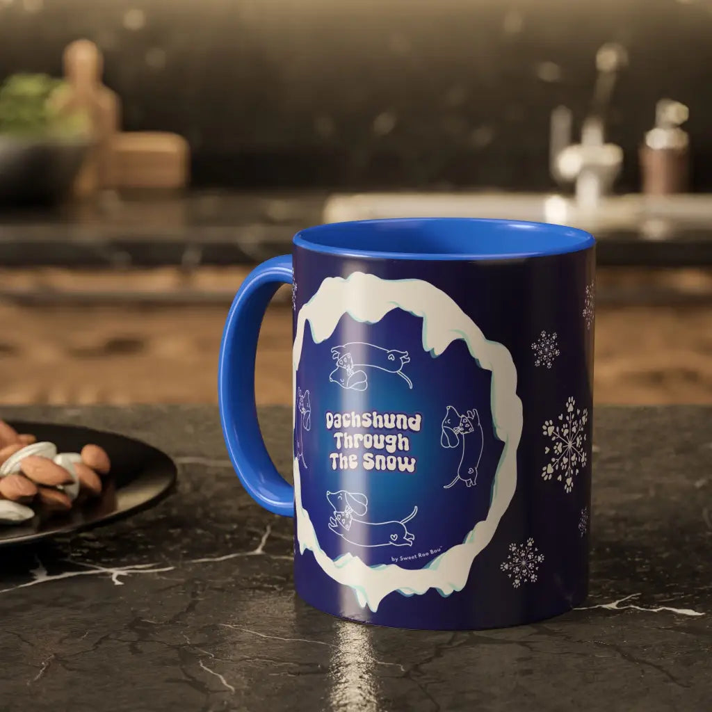 Sweet Roo Bou ceramic dachshund mug in 11 oz or 15 oz. Festive coffee with winter dog art three colors.