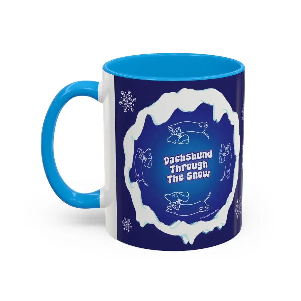 Sweet Roo Bou ceramic dachshund mug in 11 oz or 15 oz. Festive coffee with winter dog art three colors.