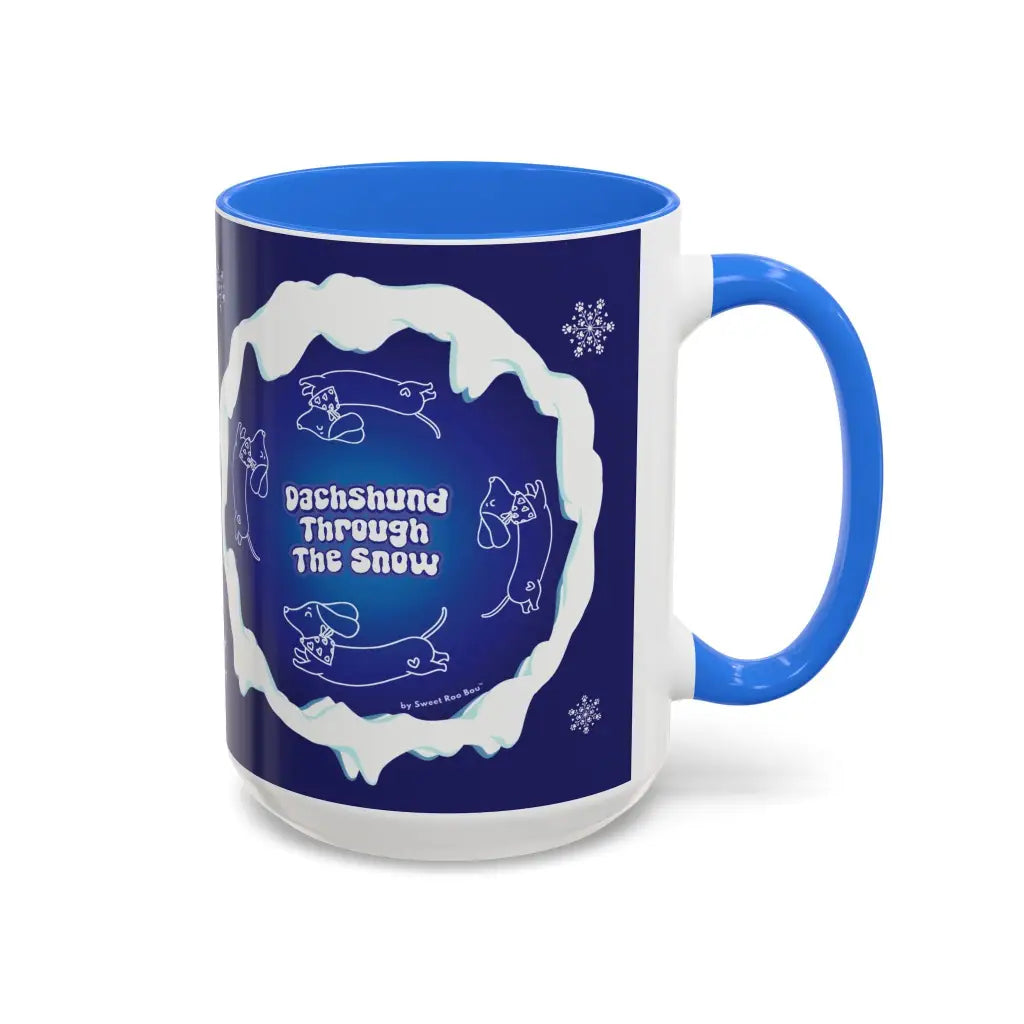 Sweet Roo Bou ceramic dachshund mug in 11 oz or 15 oz. Festive coffee with winter dog art three colors.