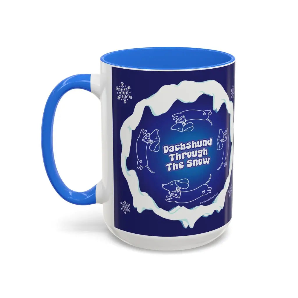 Sweet Roo Bou ceramic dachshund mug in 11 oz or 15 oz. Festive coffee with winter dog art three colors.