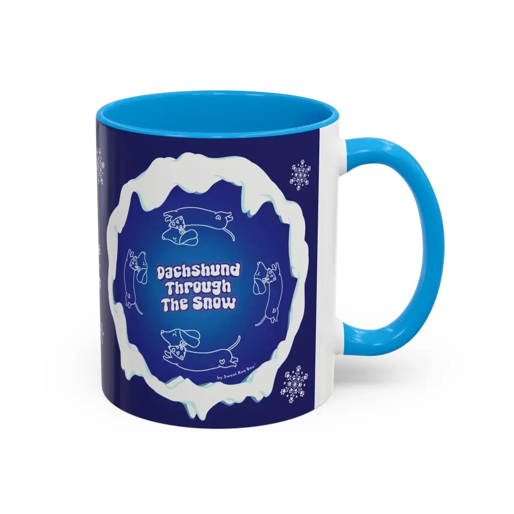 Sweet Roo Bou ceramic dachshund mug in 11 oz or 15 oz. Festive coffee with winter dog art three colors.