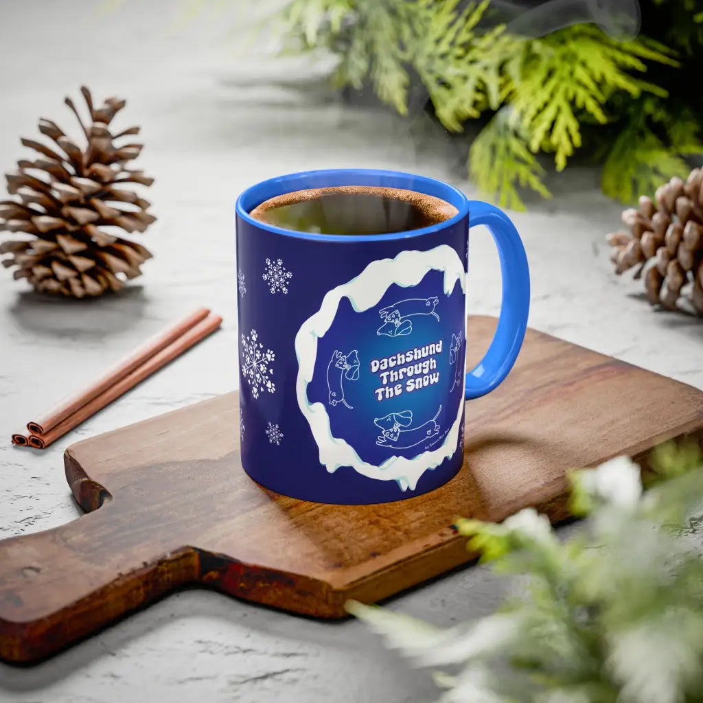 Sweet Roo Bou ceramic dachshund mug in 11 oz or 15 oz. Festive coffee with winter dog art three colors.